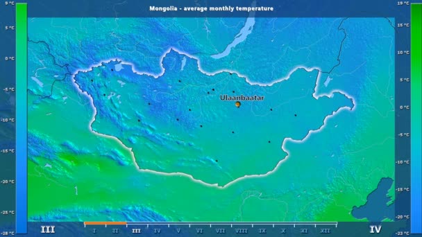アニメーションの伝説 英語のラベル モンゴル地域における月ごとの平均気温 国と首都名は マップの説明 平射図法 — ストック動画