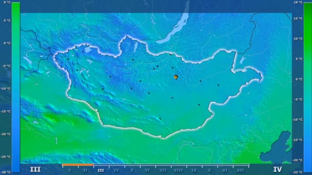 Durchschnittstemperatur Pro Monat Der Mongolei Mit Animierter Legende Glühende Form — Stockvideo
