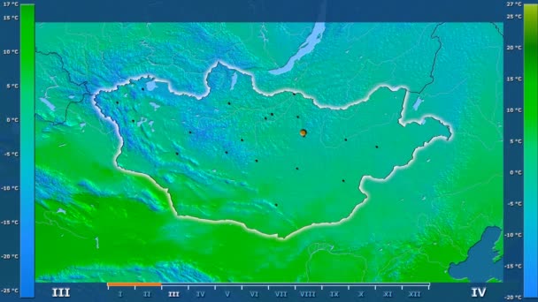 Maximale Temperatur Pro Monat Der Mongolei Mit Animierter Legende Glühende — Stockvideo