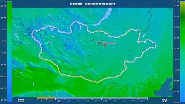在蒙古地区的最高气温以月份为动画图例 英文标签 国家和资本名称 地图描述 球极投影 — 图库视频影像