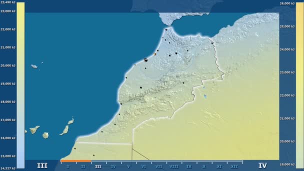 Солнечная Радиация Месяцам Марокко Оживленной Легендой Светящиеся Формы Административные Границы — стоковое видео