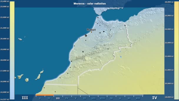 アニメーションの伝説 英語のラベルとモロッコ地区月別日射 国と首都名は マップの説明 平射図法 — ストック動画