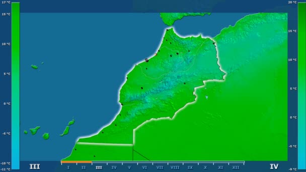 Ελάχιστη Θερμοκρασία Ανά Μήνα Στην Περιοχή Μαρόκο Κινούμενα Υπόμνημα Λαμπερό — Αρχείο Βίντεο