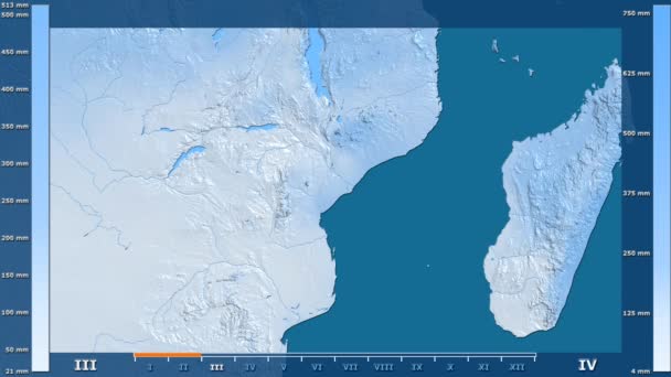 アニメーションの伝説 Raw カラー シェーダーをモザンビーク地方の月別降水量 平射図法 — ストック動画