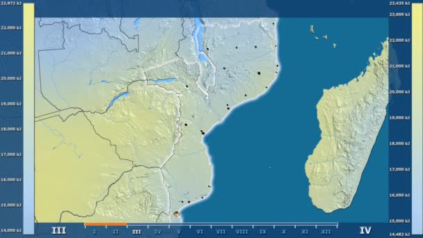 Monatliche Sonneneinstrahlung Der Gegend Von Mosambik Mit Animierten Legenden Leuchtende — Stockvideo