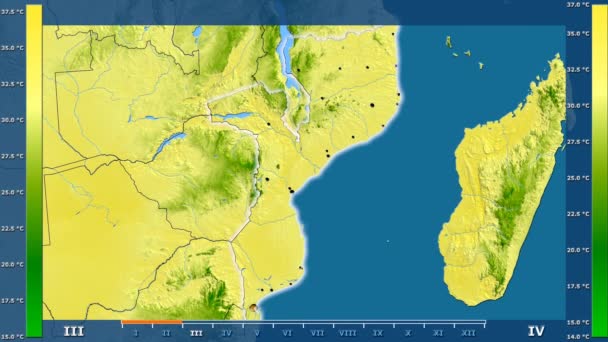 Maximal Temperatur Månad Området Moçambique Med Animerade Legend Glödande Form — Stockvideo