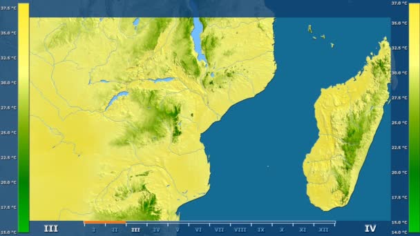 Temperatura Máxima Por Mes Área Mozambique Con Leyenda Animada Sombreado — Vídeo de stock