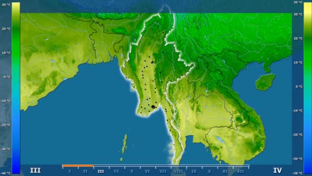 Medeltemperatur Månad Området Myanmar Med Animerade Legend Glödande Form Administrativa — Stockvideo