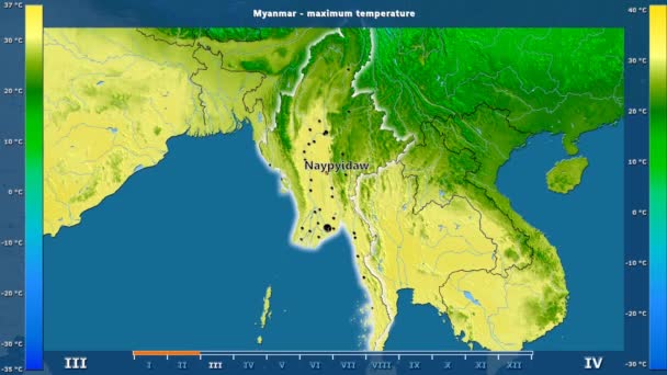 アニメーションの伝説 英語のラベルを持つミャンマー地区月別最高気温 国と首都名は マップの説明 平射図法 — ストック動画