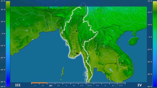 アニメーションの伝説 管理上のボーダー 主要都市 首都を輝くミャンマー エリアで月最低気温は 平射図法 — ストック動画