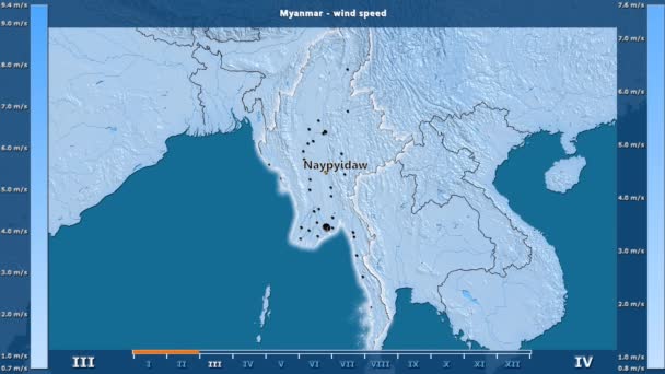 Rychlost Větru Podle Měsíce Oblasti Myanmar Animovanou Legendou Anglické Popisky — Stock video