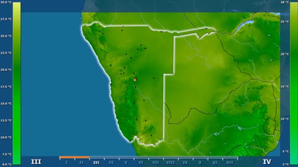 Durchschnittstemperatur Pro Monat Namibia Gebiet Mit Animierter Legende Glühende Form — Stockvideo