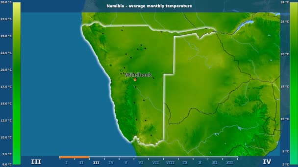 Durchschnittstemperatur Pro Monat Namibia Gebiet Mit Animierter Legende Englische Beschriftung — Stockvideo