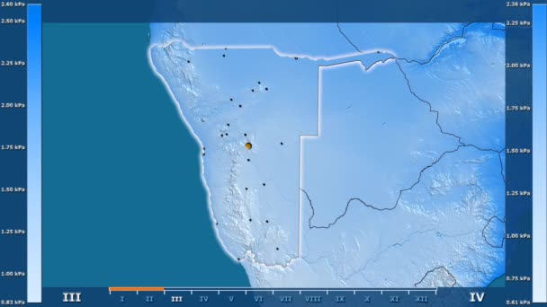 アニメーションの伝説 管理上のボーダー 主要都市 首都を輝くナミビア地域における月別水蒸気圧 平射図法 — ストック動画