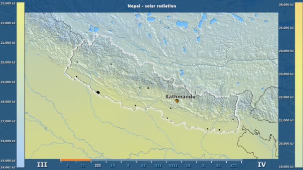 太阳辐射按月在尼泊尔地区以动画传奇 英国标签 国家和资本名字 地图描述 球极投影 — 图库视频影像