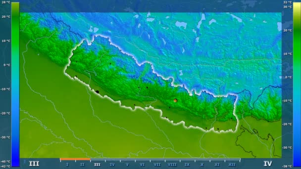アニメーション伝説 管理上のボーダー 主要都市 首都を輝くネパール地域での月別平均気温は 平射図法 — ストック動画