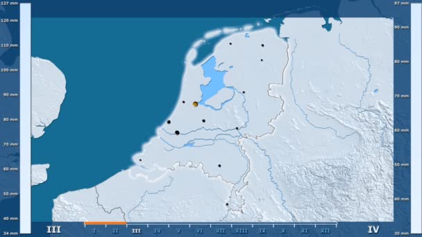 アニメーションの伝説 管理上のボーダー 主要都市 首都を輝くオランダ地域の月別降水量平射図法 — ストック動画