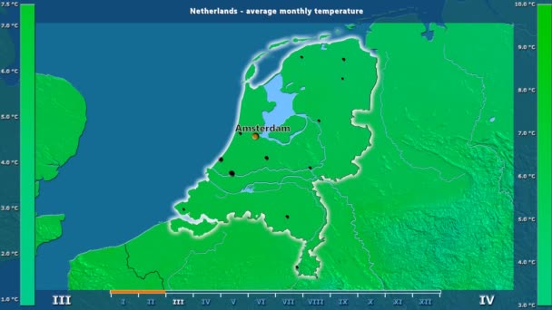 Средняя Температура Месяцам Районе Нидерландов Анимированной Легендой Английские Метки Названия — стоковое видео