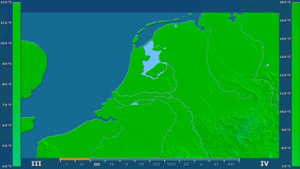 Maximum Temperature Month Netherlands Area Animated Legend Raw Color Shader — Stock video