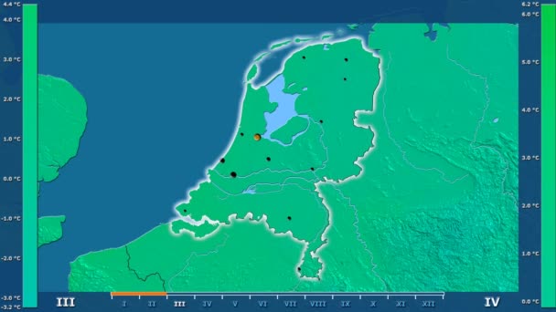 Mindesttemperatur Pro Monat Den Niederlanden Mit Animierter Legende Glühende Form — Stockvideo