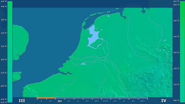 Ελάχιστη Θερμοκρασία Ανά Μήνα Στην Περιοχή Ολλανδία Κινούμενα Υπόμνημα Ημικατεργασμένο — Αρχείο Βίντεο
