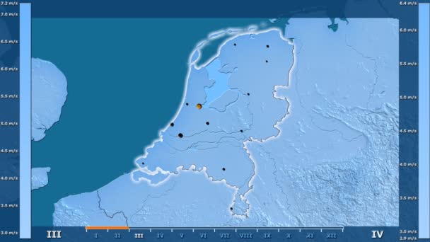Скорость Ветра Месяцам Районе Нидерландов Оживленной Легендой Светящаяся Форма Административные — стоковое видео