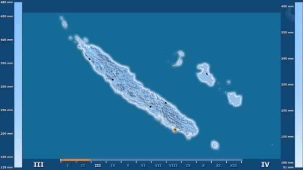 在新喀里多尼亚地区降水按月显示动画传奇 发光的形状 行政边界 主要城市 球极投影 — 图库视频影像