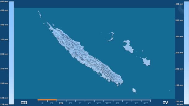 アニメーションの伝説 Raw カラー シェーダーを持つニューカレドニア地区月別降水量平射図法 — ストック動画