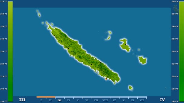 Average Temperature Month New Caledonia Area Animated Legend Glowing Shape — Stock Video