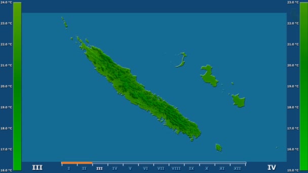 Minimaltemperatur Pro Monat Der Neuen Region Kaledonien Mit Animierter Legende — Stockvideo