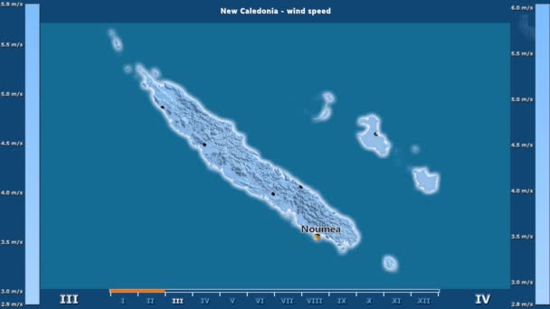 Velocidade Vento Por Mês Área Nova Caledônia Com Legenda Animada — Vídeo de Stock