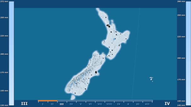 Precipitation Month New Zealand Area Animated Legend Glowing Shape Administrative — Stock Video