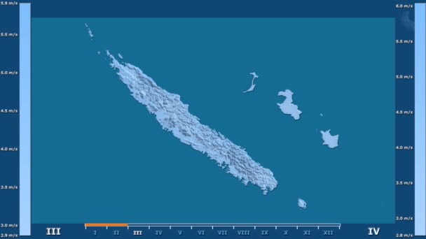 アニメーションの伝説 Raw カラー シェーダーを持つニューカレドニア地区の月別風速 平射図法 — ストック動画