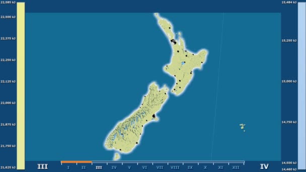 Zonnestraling Maand Het Gebied Nieuw Zeeland Met Geanimeerde Legend Gloeiende — Stockvideo