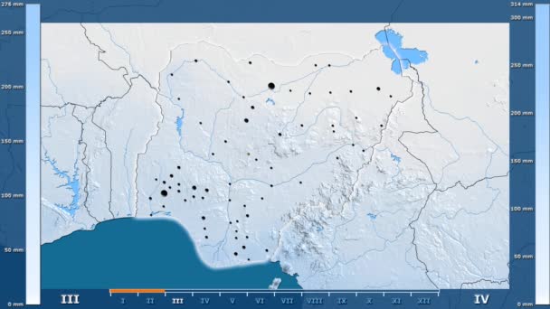 アニメーションの伝説 管理上のボーダー 主要都市 首都を光るとナイジェリア地方の月別降水量 平射図法 — ストック動画