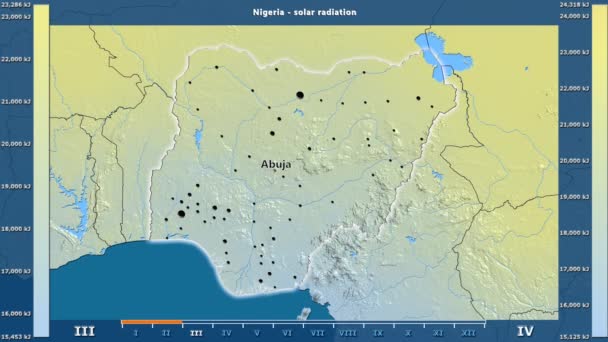 アニメーションの伝説 英語のラベルを持つナイジェリア地区月別日射 国と首都名は マップの説明 平射図法 — ストック動画