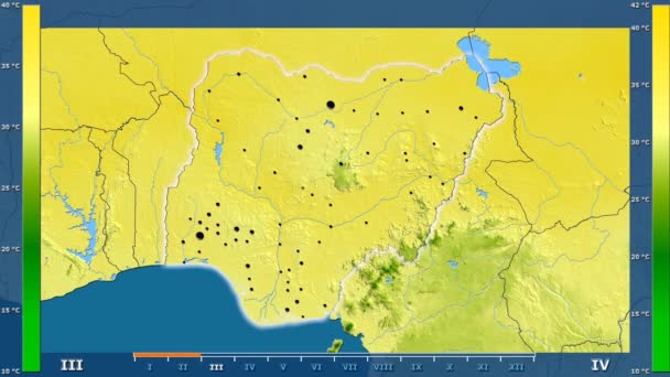 Maximum Temperature Month Nigeria Area Animated Legend Glowing Shape Administrative — Stock Video