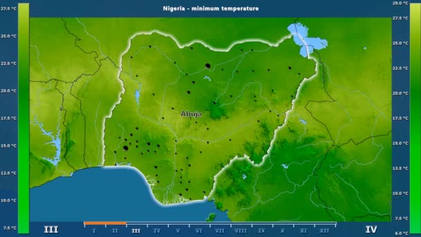 Minimum Temperatuur Maand Het Gebied Van Nigeria Met Geanimeerde Legend — Stockvideo