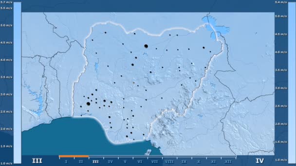 风速按月在尼日利亚地区与动画传奇 发光的形状 行政边界 主要城市 球极投影 — 图库视频影像