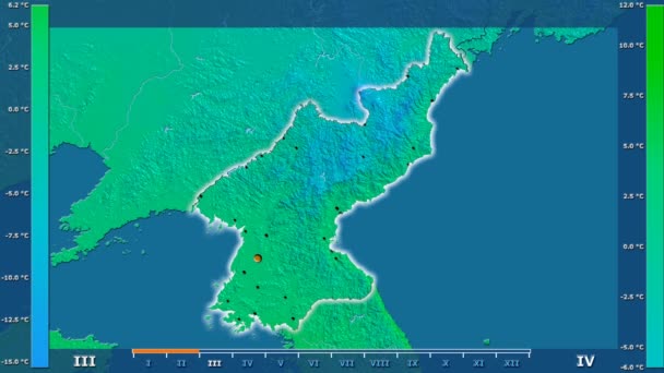 Średnia Temperatura Przez Miesiąc Obszarze Korei Północnej Legendą Animowane Świecące — Wideo stockowe