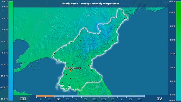 Medeltemperatur Månad Området Nordkorea Med Animerade Legend Engelska Etiketter Landet — Stockvideo