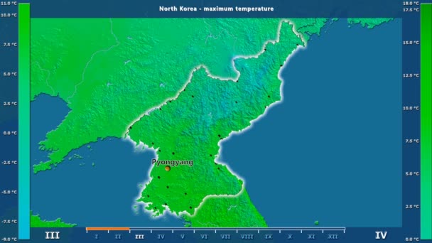 在北朝鲜区域的最大温度以月为动画传奇 英国标签 国家和资本名字 地图描述 球极投影 — 图库视频影像