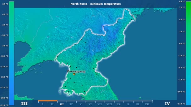 アニメーションの伝説 英語のラベルと北朝鮮地区月最低気温 国と首都名は マップの説明 平射図法 — ストック動画