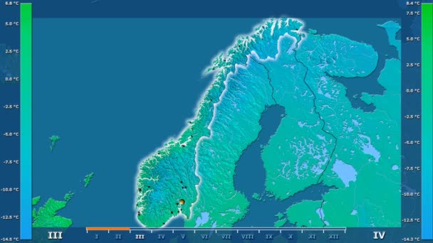 Средняя Температура Месяцам Норвегии Оживленной Легендой Светящиеся Формы Административные Границы — стоковое видео