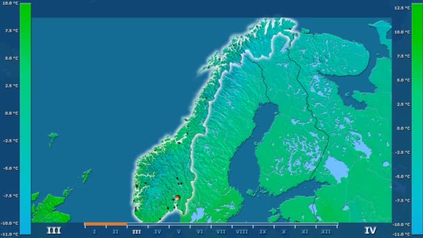 Maksymalna Temperatura Przez Miesiąc Terenie Norwegii Legendą Animowane Świecące Kształt — Wideo stockowe