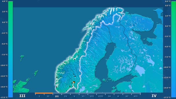 Минимальная Температура Месяцам Норвегии Анимированной Легендой Светящаяся Форма Административные Границы — стоковое видео