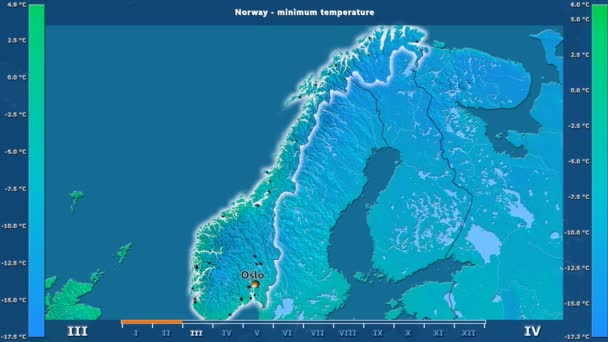 Minimum Temperatuur Maand Het Gebied Van Noorwegen Met Geanimeerde Legend — Stockvideo
