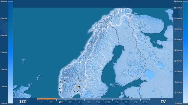 Скорость Ветра Месяцам Норвегии Оживленной Легендой Светящаяся Форма Административные Границы — стоковое видео