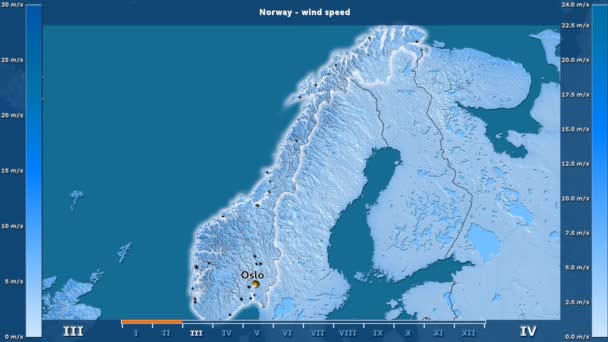 Prędkość Wiatru Przez Miesiąc Terenie Norwegii Animowanych Legenda Angielski Etykiety — Wideo stockowe