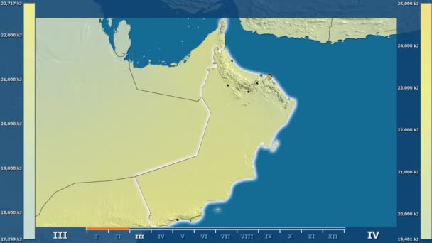 Solar Radiation Month Oman Area Animated Legend Glowing Shape Administrative — Stock Video